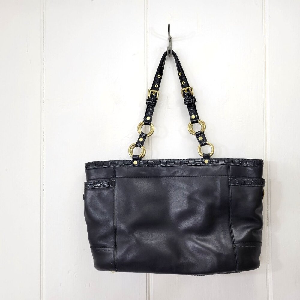 Coach Black Leather Tote Handbag With Gold Hardware & Blue Lining - Picture 2 of 9